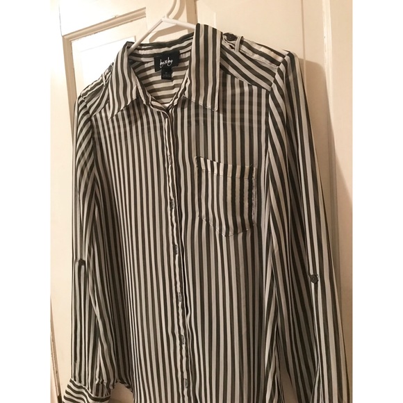 Sheer, Dark Green Striped Button Down Shirt, M - Picture 6 of 8